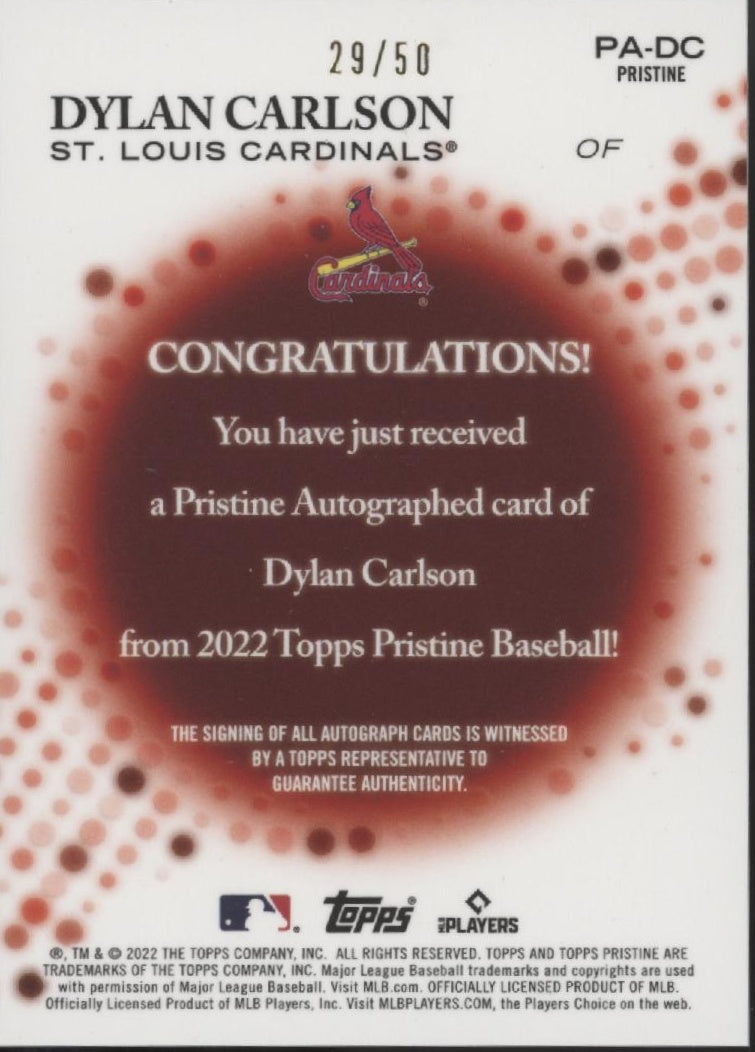 Dylan Carlson 2022 Topps Pristine Orange Pulsar Refractor Auto 29/50 #PA-DC