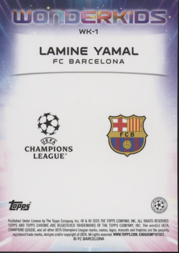 Lamine Yamal 2025 Topps Chrome UEFA CL Wonderkids 001/199 #WK-1