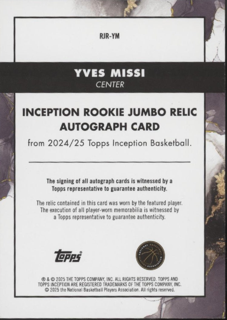 Yves Missi 2024-25 Topps Inception Swatch RC Auto #RJR-YM