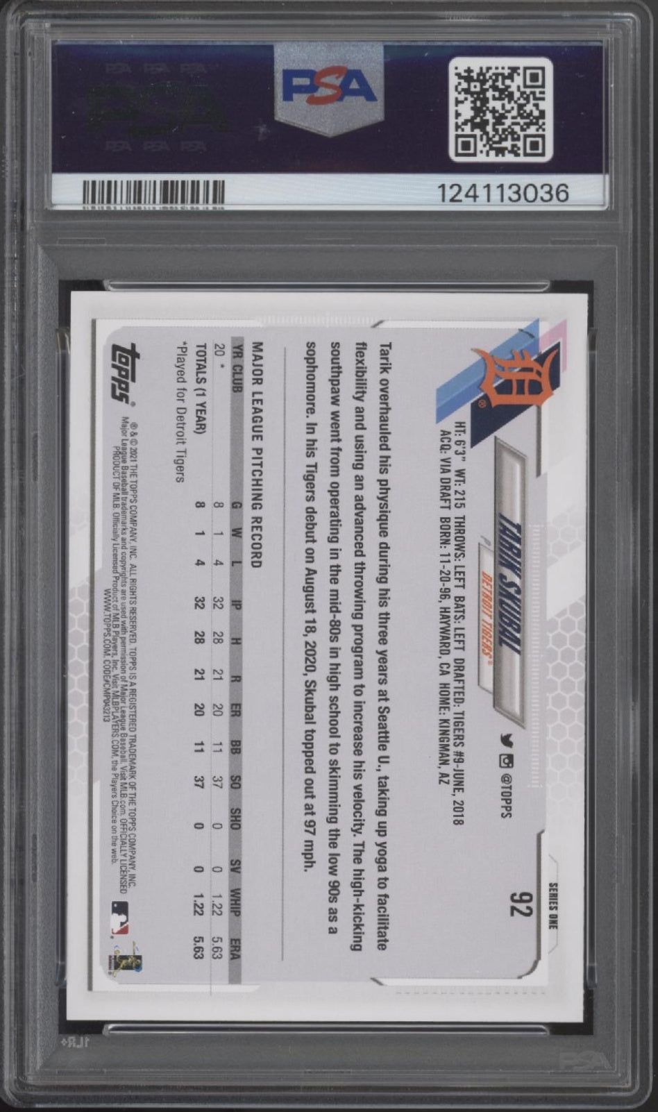 Tarik Skubal 2021 Topps Series 1 RC #92 PSA 10 #2