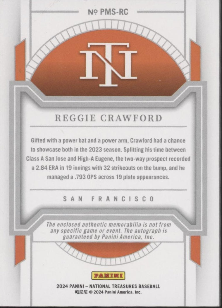 Reggie Crawford 2024 Panini National Treasures Swatch Auto 49/49 #PMS-RC