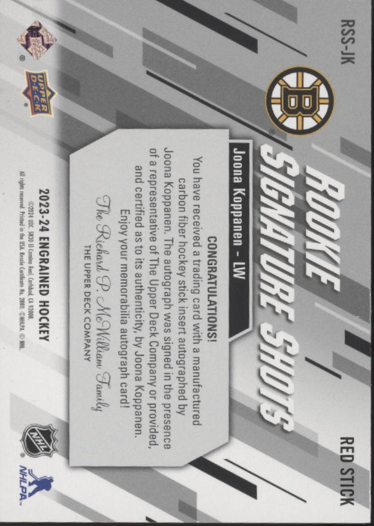 Joona Koppanen 2023-24 UD Engrained Rookie Signature Shots Red Relic Auto 74/99
