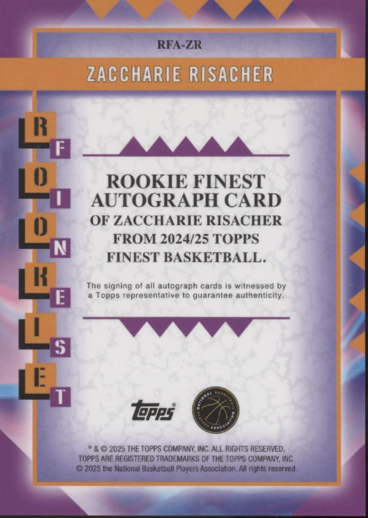 Zaccharie Risacher 2024-25 Topps Finest Rookie RC Auto #RFA-ZR