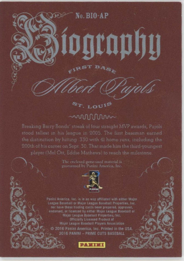 Albert Pujols 2016 Panini Prime Cuts Biography Swatch 33/49 #BIO-AP