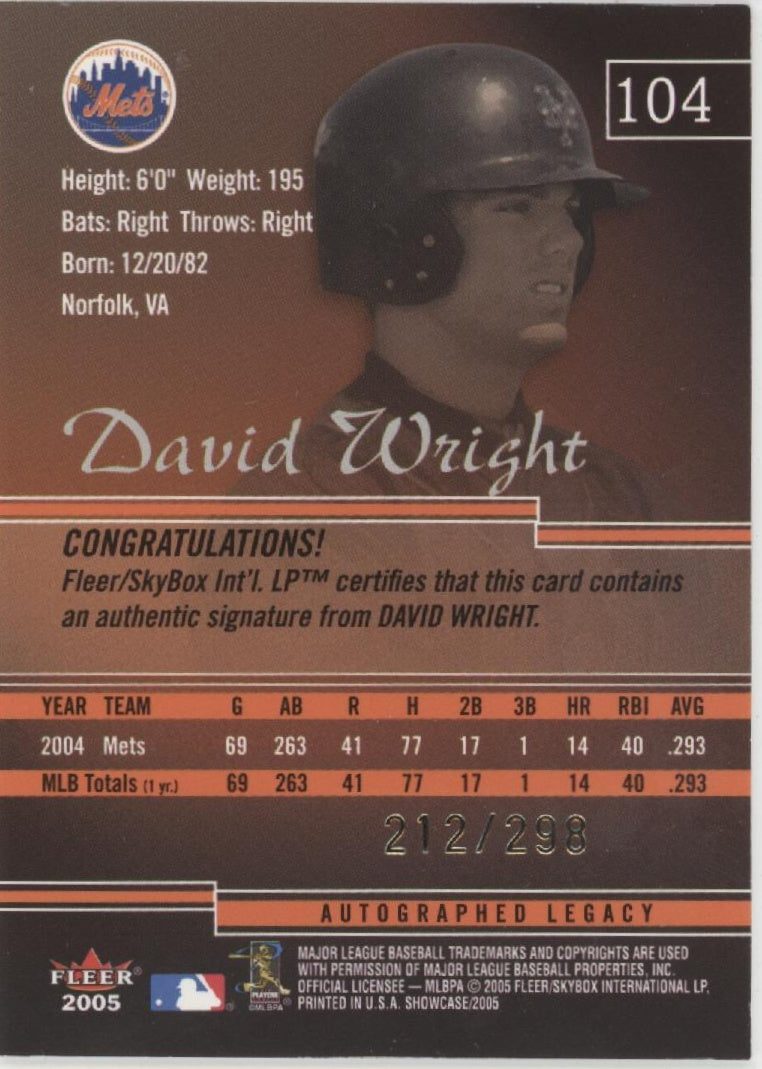 David Wright 2005 Fleer Showcase Auto 212/298 #104