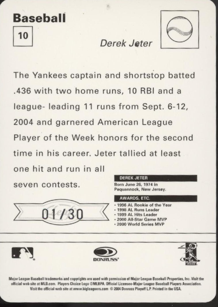 Derek Jeter 2004 Donruss Sportscasters Orange 01/30 #10