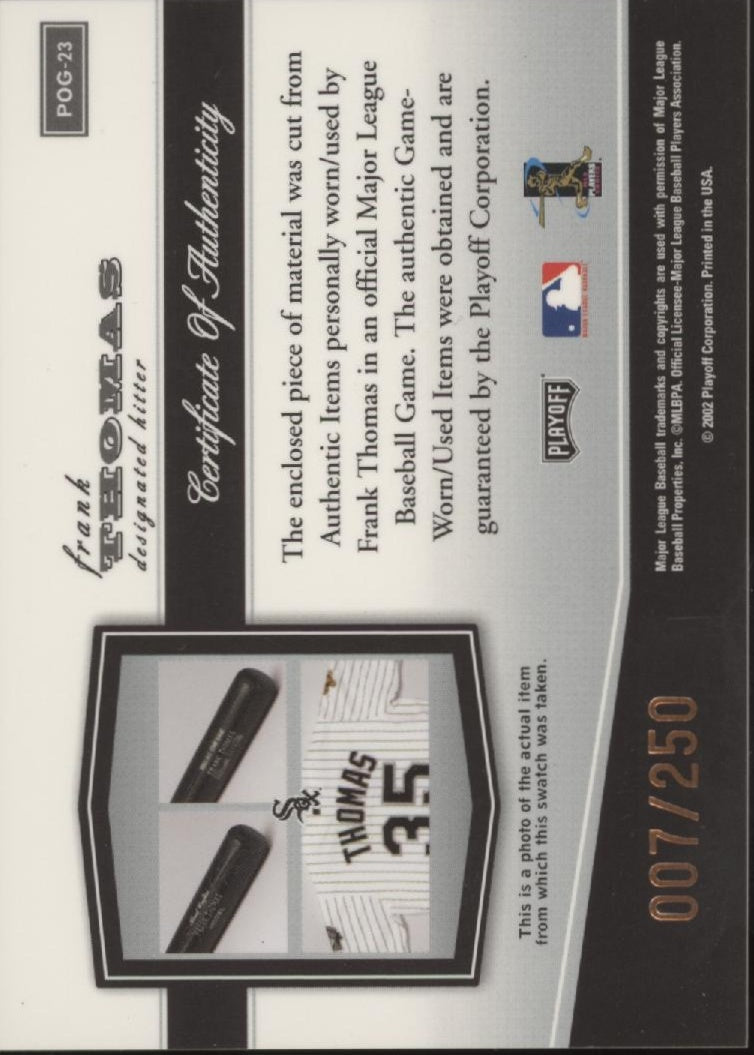 Frank Thomas 2002 Playoff Piece of the Game Bat Relic 007/250 #POG-23