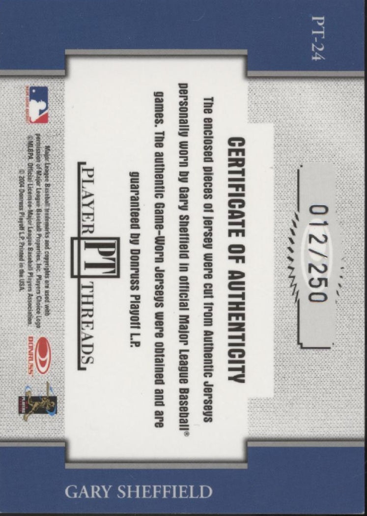 Gary Sheffield 2004 Donruss Throwback Threads Player Threads Swatch 012/250