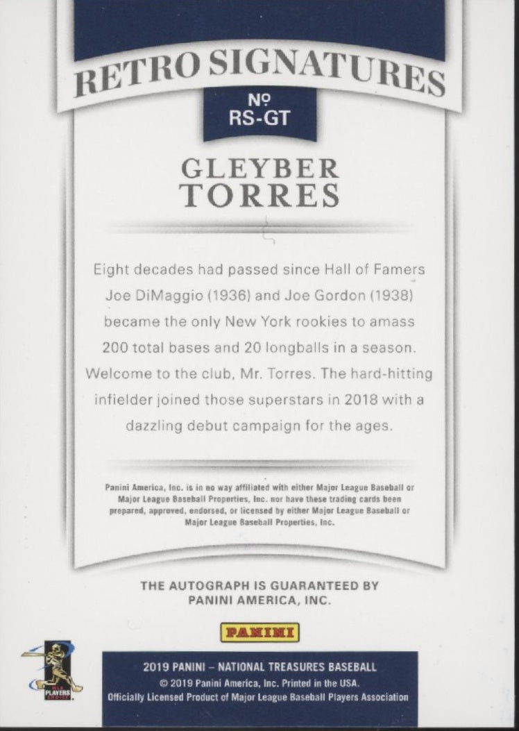 Gleyber Torres 2019 Panini National Treasures Retro Signatures Auto 03/99 #RS-GT