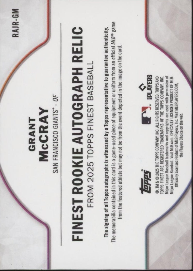 Grant McCray 2025 Topps Finest Blue Refractor Swatch RC Auto 35/99 #RAJR-GM