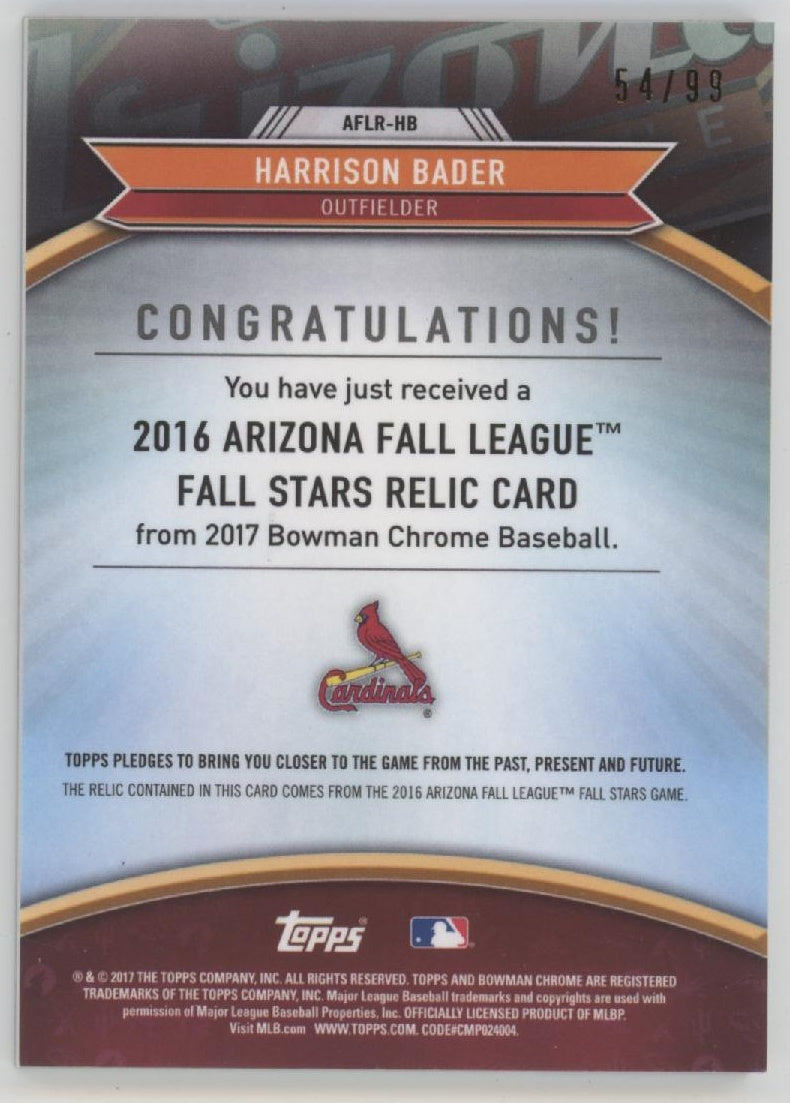Harrison Bader 2017 Bowman Chrome '16 Arizona Fall League Stars Swatch 54/99