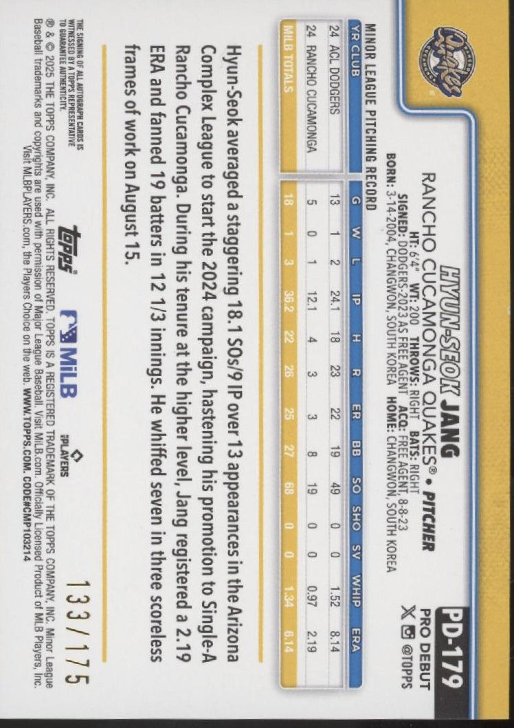 Hyun-Seok Jang 2025 Topps Pro Debut Foilboard Auto 133/175 #PD-179