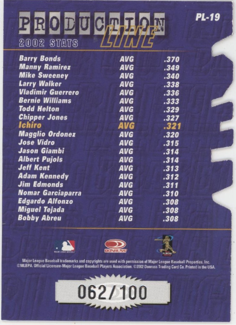Ichiro Suzuki 2002 Donruss Production Line Die-Cut 062/100 #PL-19