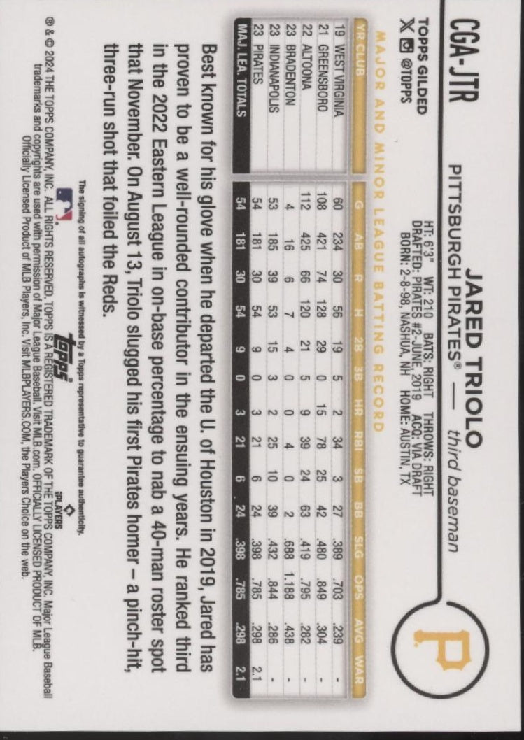 Jared Triolo 2024 Topps Chrome Gilded Blue Gold Refractor RC Auto 27/50 #CGA-JTR