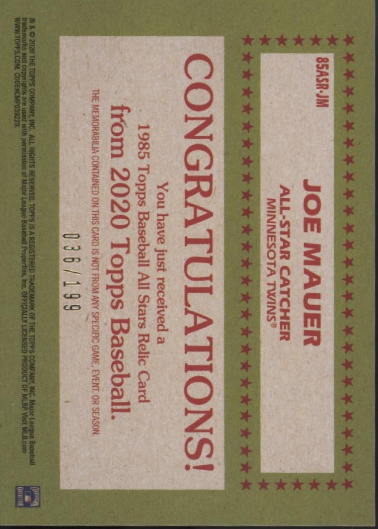 Joe Mauer 2020 Topps 35th Anniversary '85 All Star Black Border Swatch 036/199
