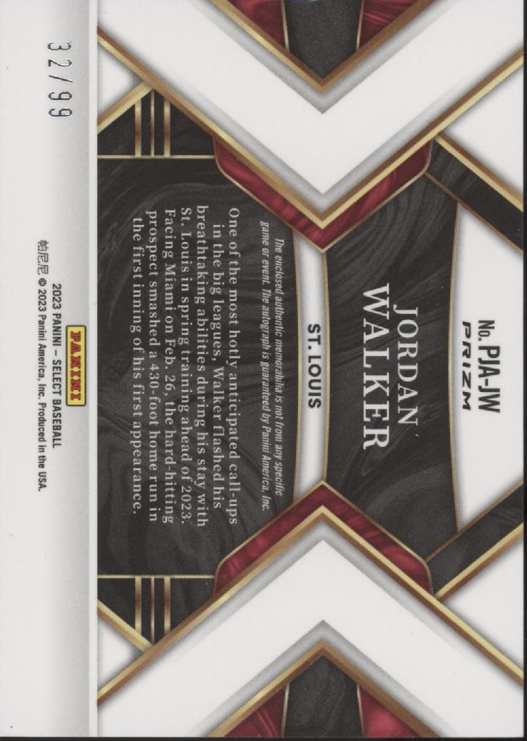 Jordan Walker 2023 Panini Select Refractor Swatch RC Auto 32/99 #PJA-JW