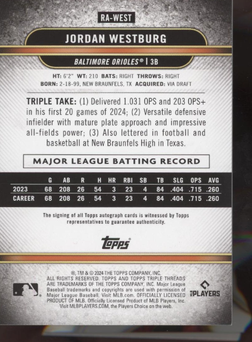 Jordan Westburg 2024 Topps Triple Threads Gold RC Auto 04/25 #RA-WEST