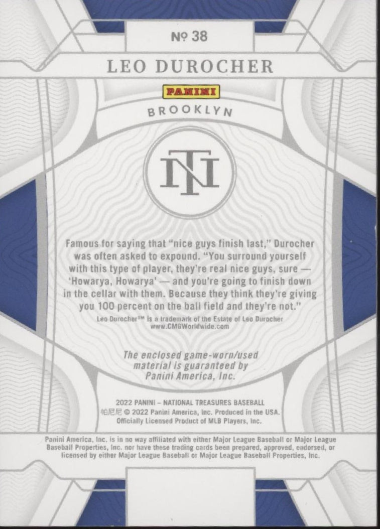 Leo Durocher 2022 Panini National Treasures Gold Bat Relic 03/10 #38