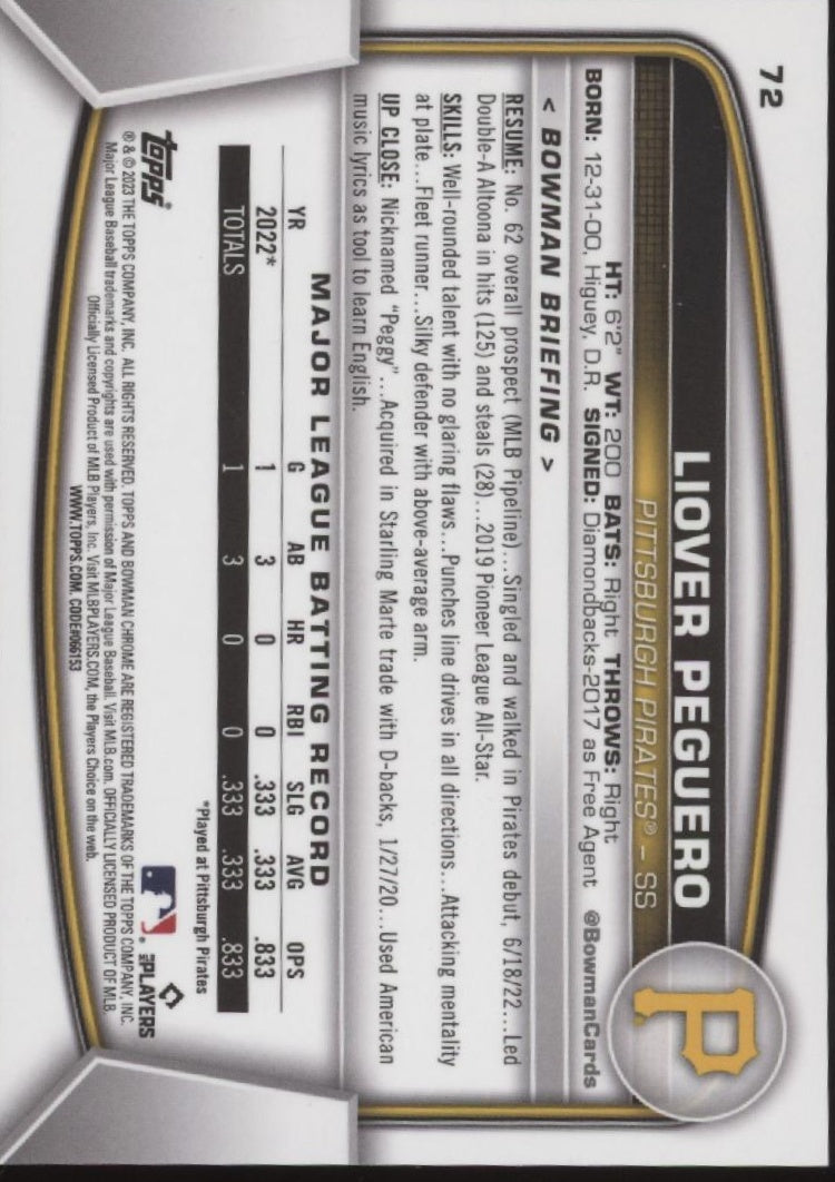 Liover Peguero 2023 Bowman Chrome Orange Ice Refractor RC 14/75 #72