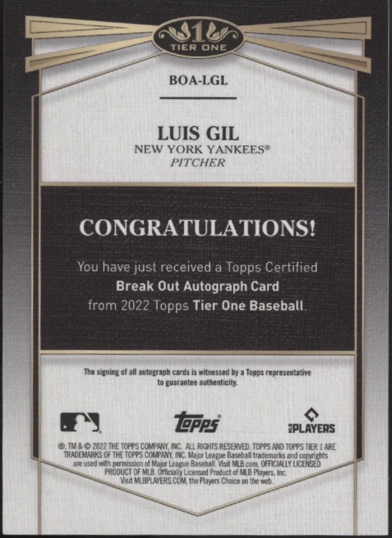 Luis Gil 2022 Topps Tier One RC Auto 059/299 #BOA-LGL