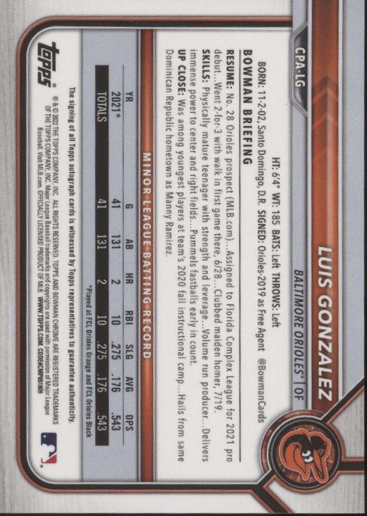 Luis Gonzalez 2022 Bowman Chrome Prospects Orange Refractor Auto 09/25 #CPA-LG