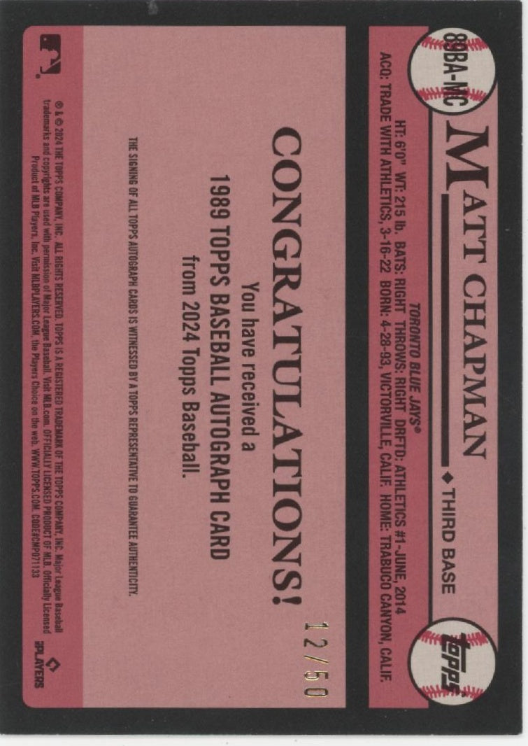 Matt Chapman 2024 Topps 35th '89 Gold Auto 12/50 #89BA-MC