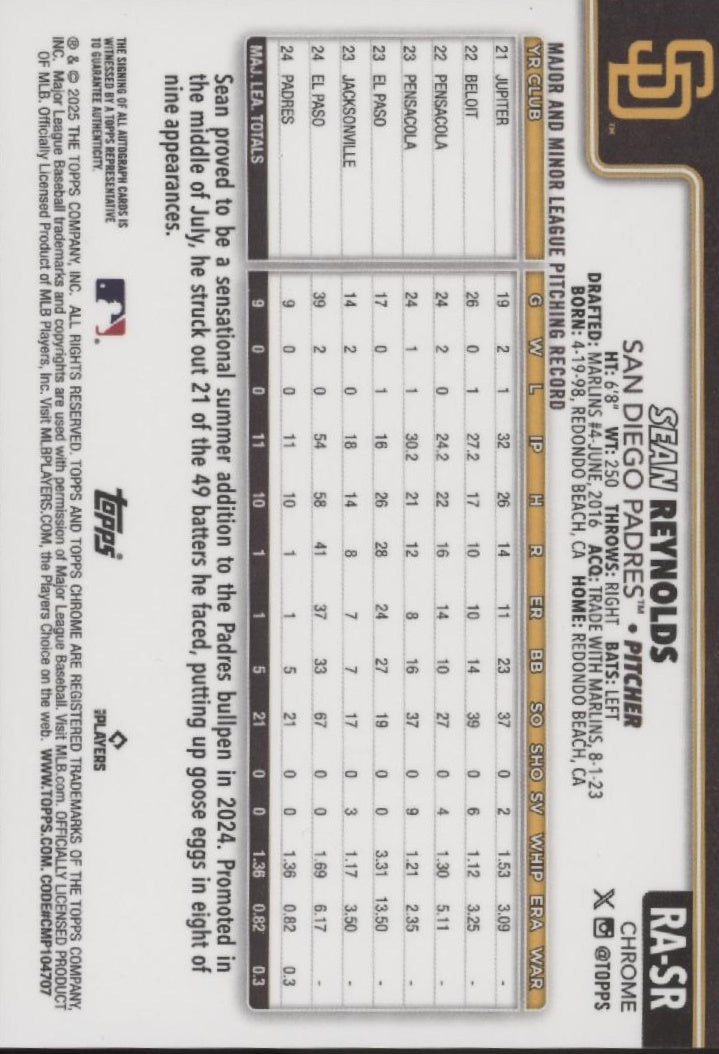 Sean Reynolds 2025 Topps Chrome Green Refractor RC Auto 39/99 #RA-SR