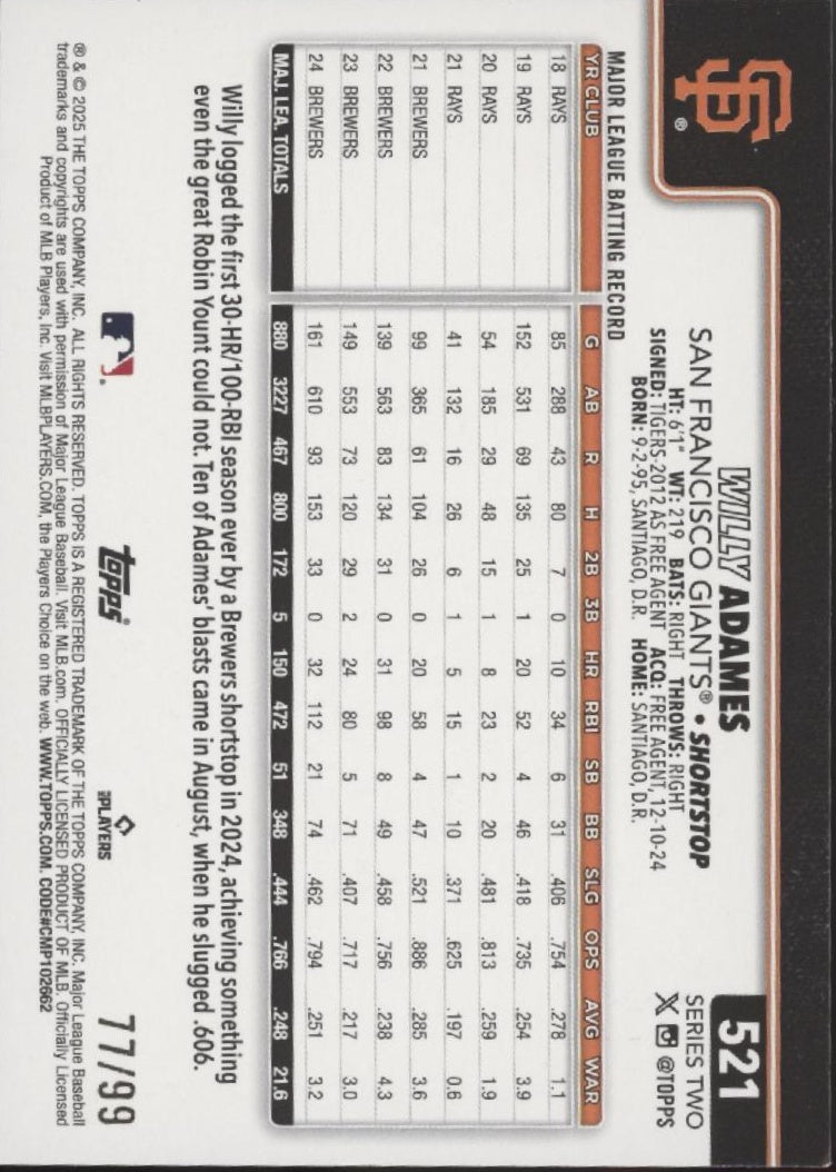 Willy Adames 2025 Topps Series 2 Value Box Holiday Hot Dog Foil 77/99 #521