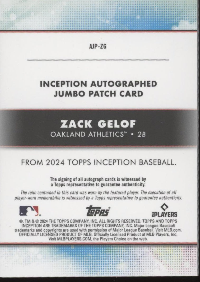 Zack Gelof 2024 Topps Inception Swatch RC Auto 091//125 #AJP-ZG