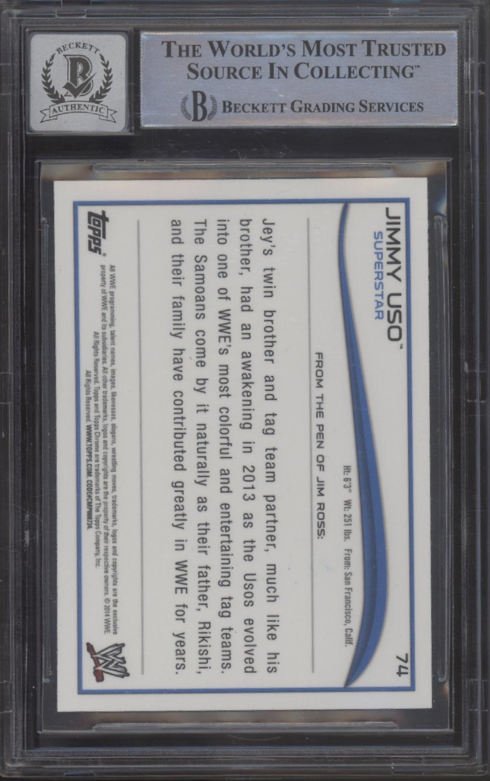 Jimmy Uso 2014 Topps Chrome #74 with Beckett Witnessed Auto 10