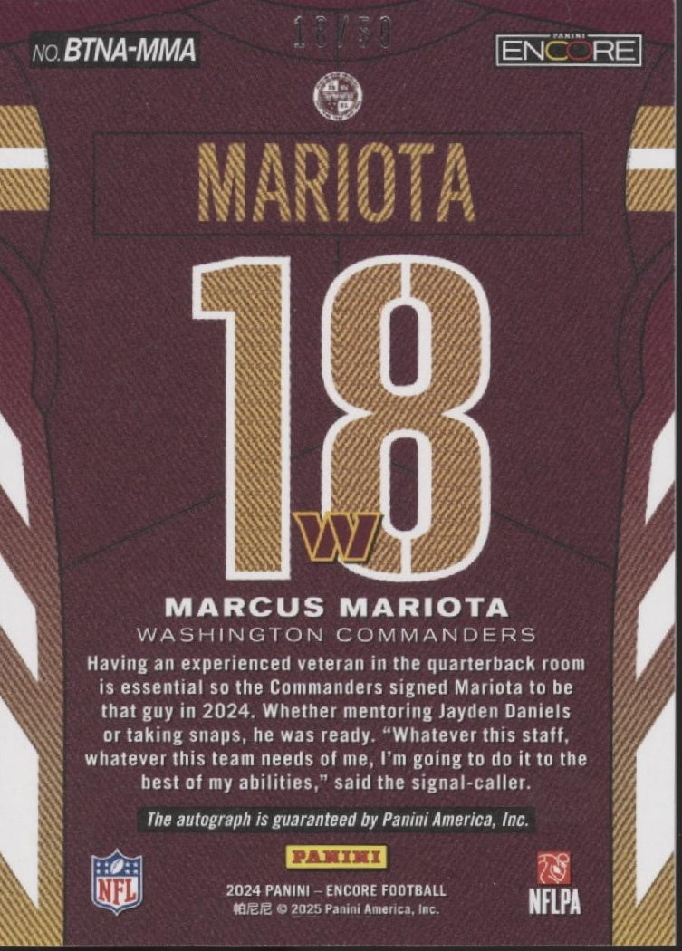 Marcus Mariota 2024 Panini Encore Pinnacle By the Numbers Red Auto 18/50