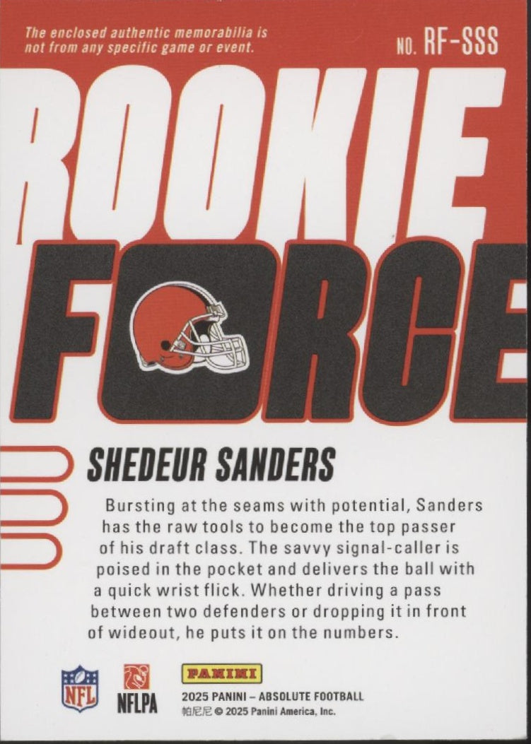 Shedeur Sanders 2025 Panini Absolute Rookie Force Swatch RC #RF-SSS