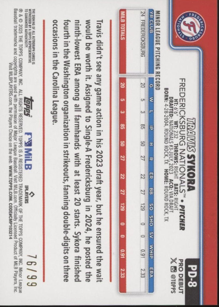 Travis Sykora 2025 Topps Pro Debut Green Holo Auto 76/99 #PD-8