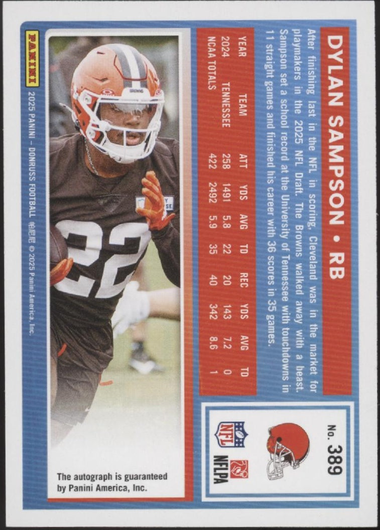 Dylan Sampson 2025 Panini Donruss Rated Rookie Green RC Auto #389