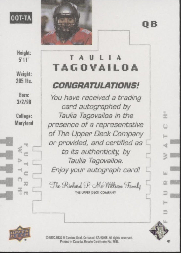 Tua Tagovailoa 2022 Upper Deck SP Authentic Future Swatch Auto 148/299 #OOT-TA
