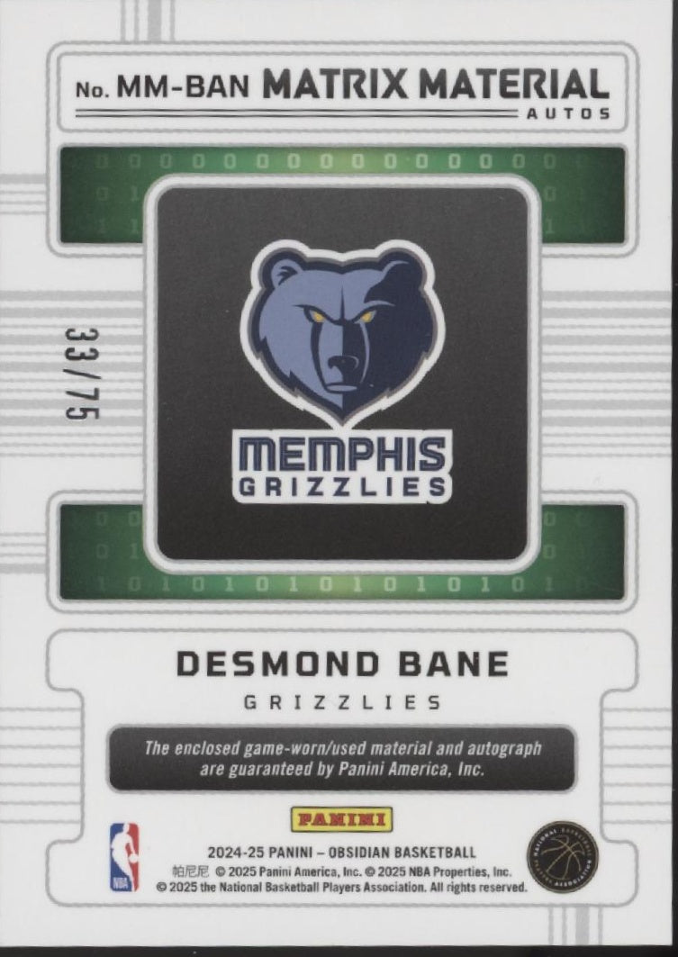 Desmond Bane 2024-25 Panini Obsidian Matrix Material Orange Prizm Auto 33/75