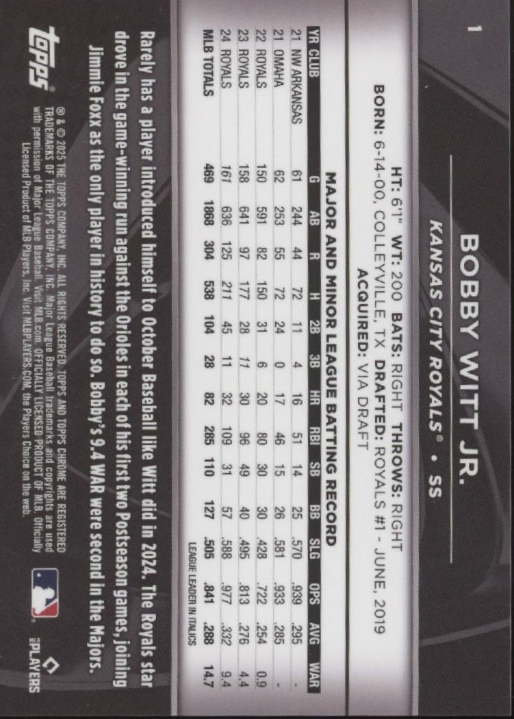 Bobby Witt Jr. 2025 Topps Chrome Black Green Refractor 44/99 #1