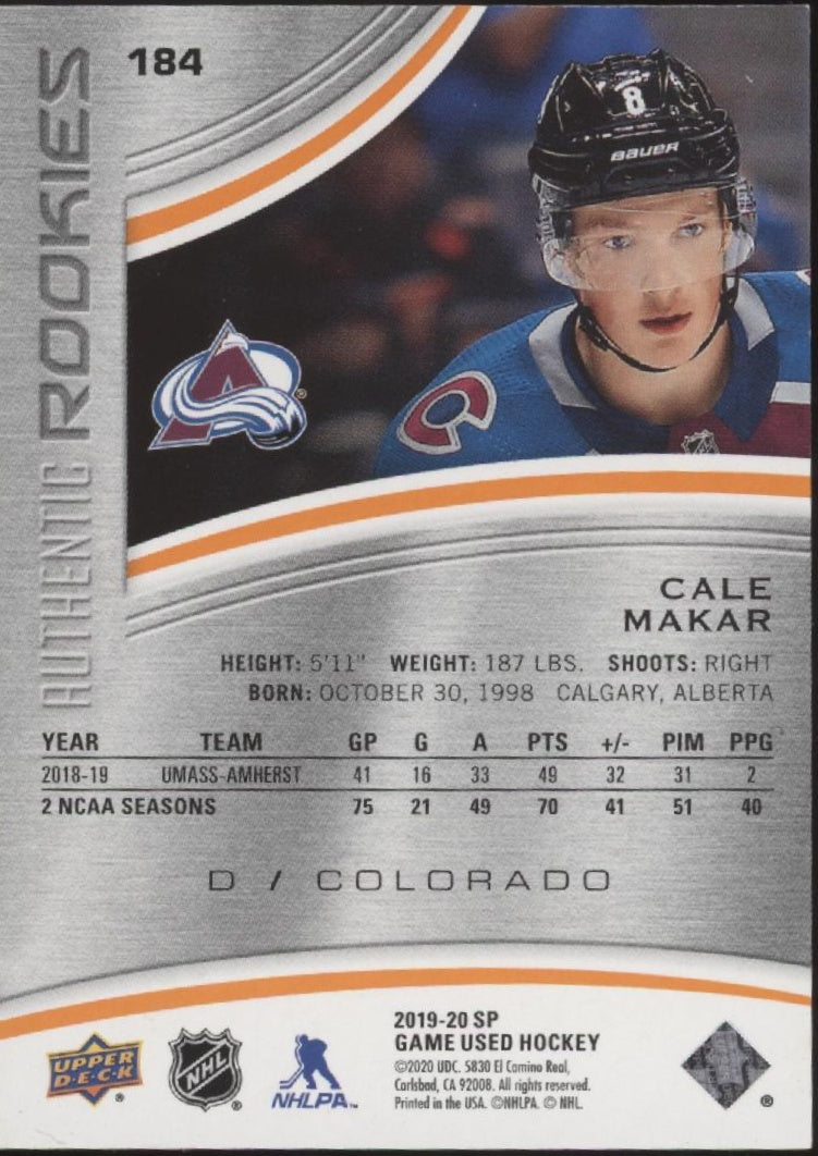 Cale Makar 2019-20 Upper Deck SP Game Used Authentic Rookies RC 092/117 #184