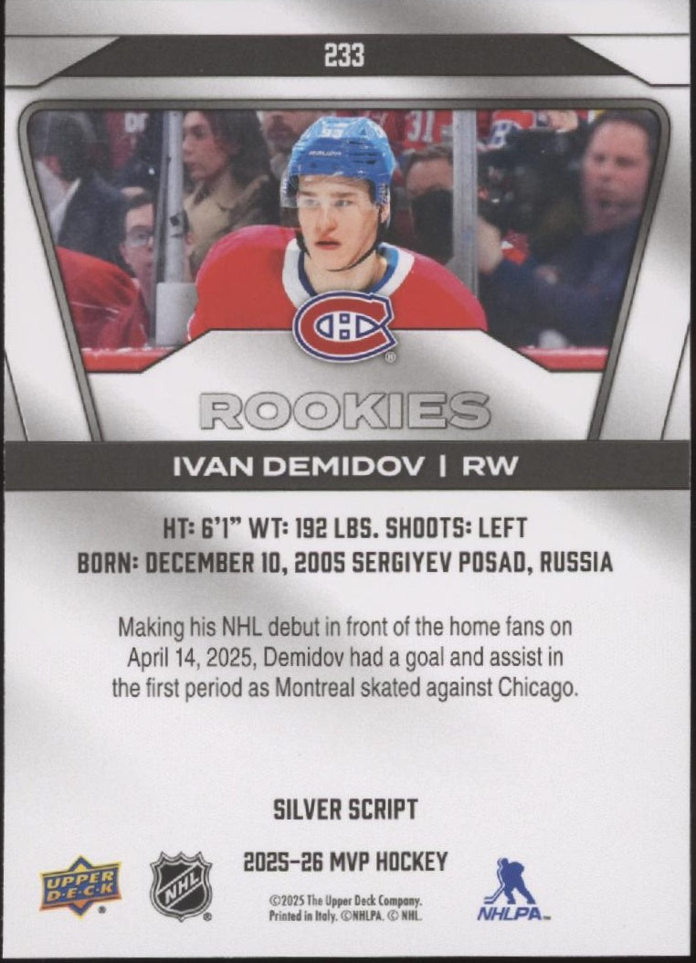 Ivan Demidov 2025-26 Upper Deck MVP Silver Script RC #233