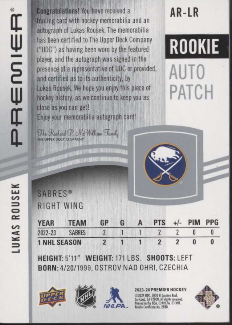 Lukas Rousek 2023-24 Upper Deck Premier Swatch RC Auto 051/249 #AR-LR