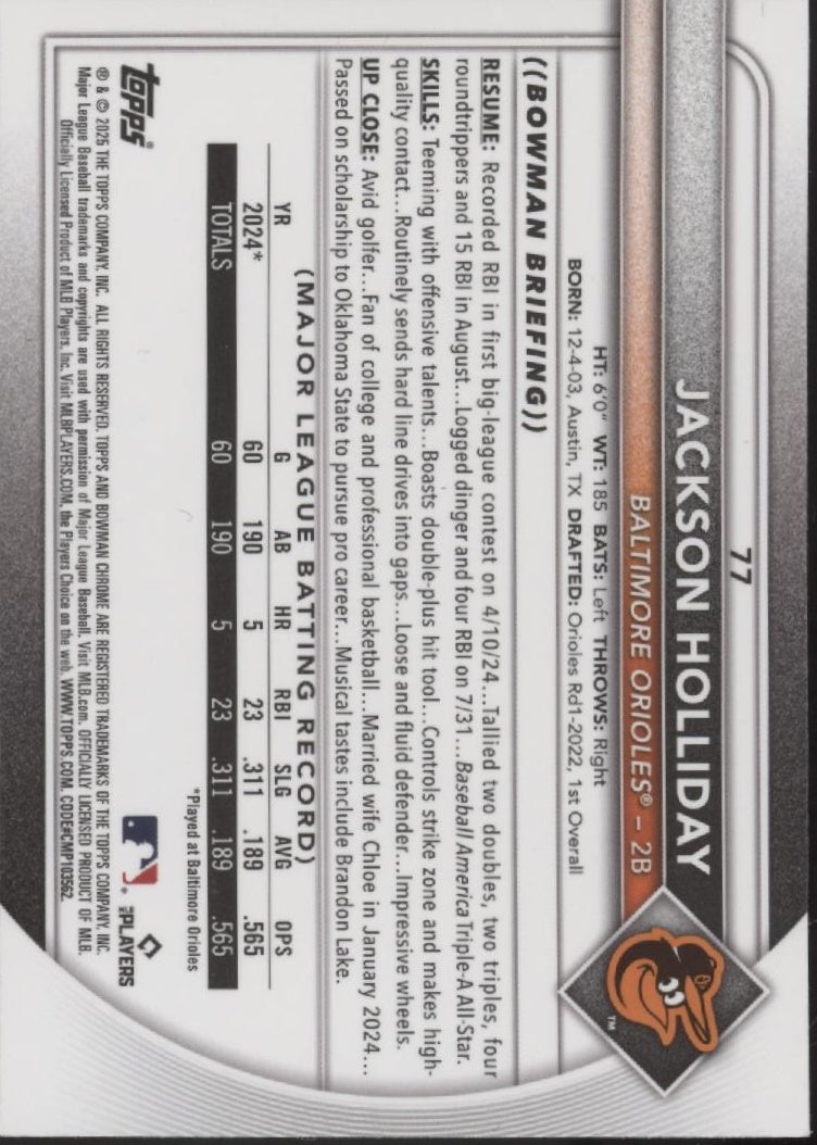 Jackson Holiday 2025 Bowman Chrome Fuchsia Mojo Refractor 174/199 #77