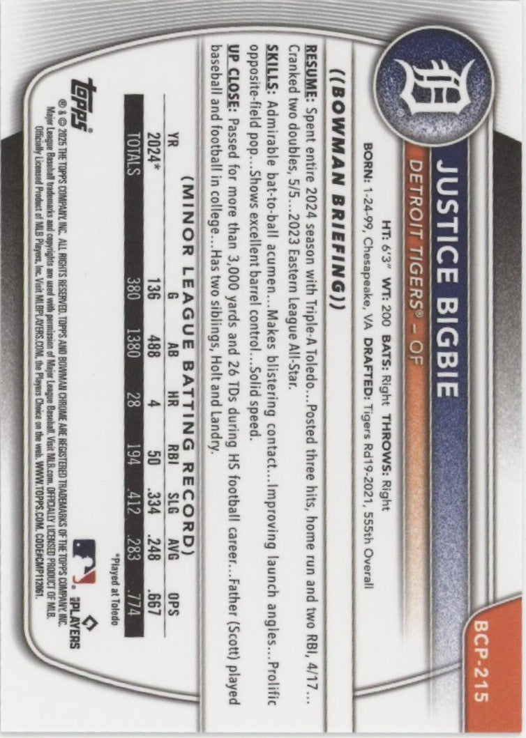 Justice Bigbie 2025 Bowman Chrome Prospects Orange Scale Refractor 24/25