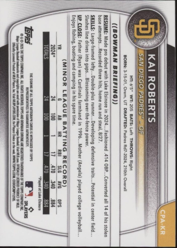 Kai Roberts 2025 Bowman Chrome Prospects Green Refractor Auto 74/99 #CPA-KR