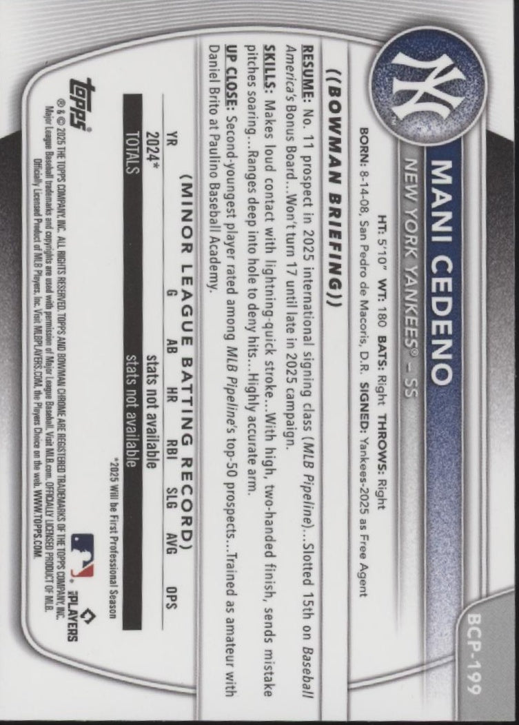 Mani Cedeno 2025 Bowman Chrome Prospects Blue Mojo Refractor 013/150 #BCP-199