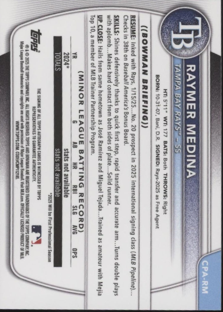 Raymer Medina 2025 Bowman Chrome Prospects Blue Refractor Auto 087/150 #CPA-RM