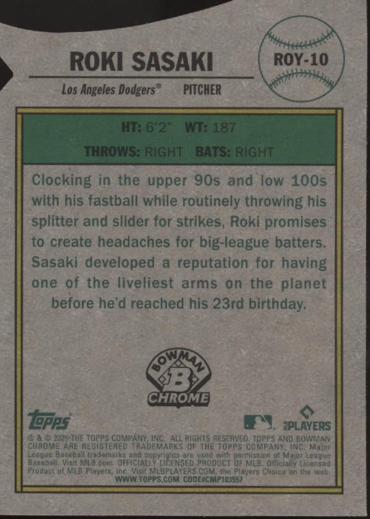 Roki Sasaki 2025 Bowman Chrome Rookie of the Year Favorites Die-Cut RC #ROY-10