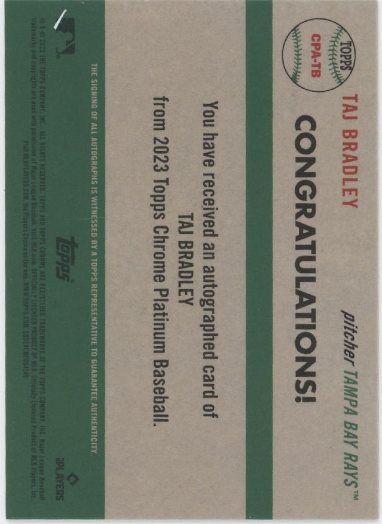 Taj Bradley 2023 Topps Chrome Platinum Orange Refractor RC Auto 12/25 #CPA-TB