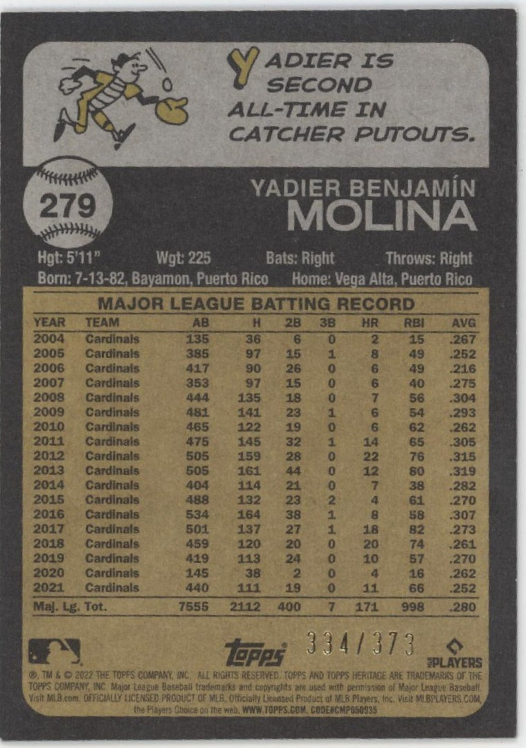 Yadier Molina 2022 Topps Chrome Heritage 334/373 #279