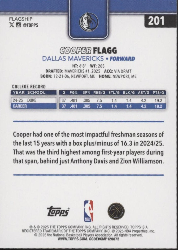 Cooper Flagg 2025 Topps Flagship RC #201 #1