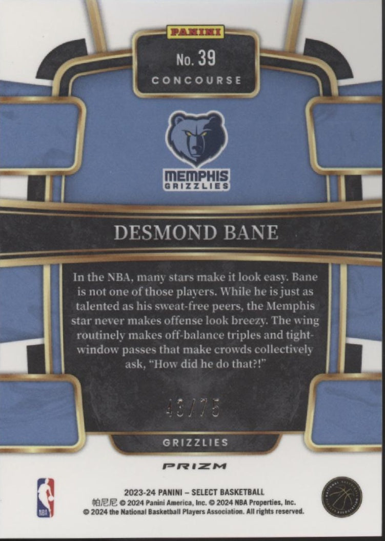 Desmond Bane 2023-24 Panini Select White Disco Prizm 43/75 #39